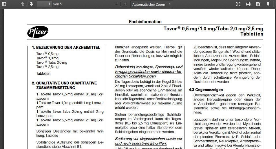 PDF mit Fachinformationen des Pharmaherstellers Pfizer zu Tavor 0.5 mg, 1.0 mg, Tabs 2.0 mg und 2.5 mg Tabletten (Screenshot https://www.pfizer.de/fileadmin/produktdatenbank/pdf/002029_freigabe.pdf)