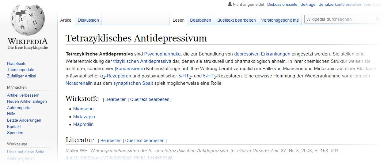 Wiki zu Tetrazyklisches Antidepressivum: In der Wikipedia finden sich weiterführende Informationen zu den Tetrazyklika Mianserin, Mirtazapin und Maprotilin