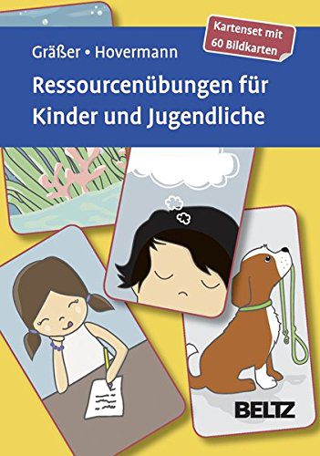 Noch mehr Karten für die Kinderpsychotherapie: "Ressourcenübungen für Kinder und Jugendliche: Kartenset mit 60 Bildkarten. Mit 12-seitigem Booklet" - Beschreibung "Viele Kinder und Jugendliche erleben während ihres Erwachsenwerdens kleine und größere Krisen, in der Familie, Schule oder auch im Kindergarten. Um diese zu meistern ist es wichtig, eigene Ressourcen zu aktivieren oder zu entwickeln." (Amazon)