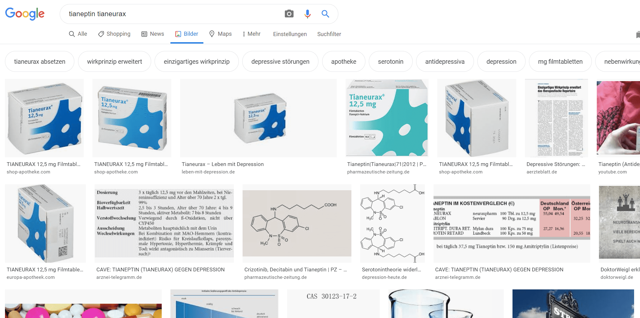 Tianeptin / Tianeurax - Google Bildersuche (Screenshot 14.05.2020)