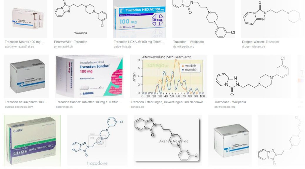 Trazodon - Erfahrungen, Nebenwirkungen, Dosierung (Screenshot Google Bildersuche am 06.02.2019)
