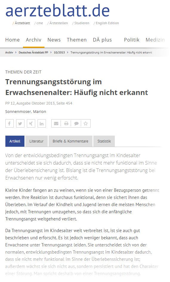 Trennungsangststörung im Erwachsenenalter: Häufig nicht erkannt (Screenshot https://www.aerzteblatt.de/archiv/147519/Trennungsangststoerung-im-Erwachsenenalter-Haeufig-nicht-erkannt am 16.09.2019)