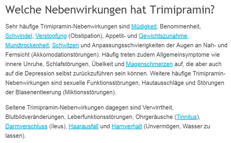 Trimipramin Nebenwirkungen laut netdoktor.de (Screenshot 08.08.2018)
