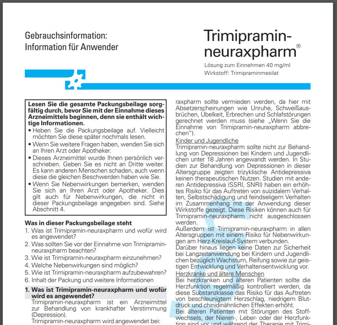 Trimipramin Neuraxpharm Tropfen | Der Beipackzettel für die 40 mg/ml Dosierung (Lösung) findet man auf der Hersteller-Website unter neuraxpharm.de/fileadmin/user_upload/neuraxpharm.de/nx_medication/package-information-leaflet/GI_Trimipramin-nx_Loesung_-_165_13.pdf