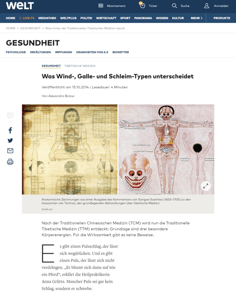 Welt-Artikel über die Traditionelle Tibetische Medizin - Wirkung nicht bewiesen vs. seit 3000 Jahren erfolgreich im Einsatz?! (Screenshot welt.de/gesundheit/article133296880/Was-Wind-Galle-und-Schleim-Typen-unterscheidet.html am 10.05.2020)